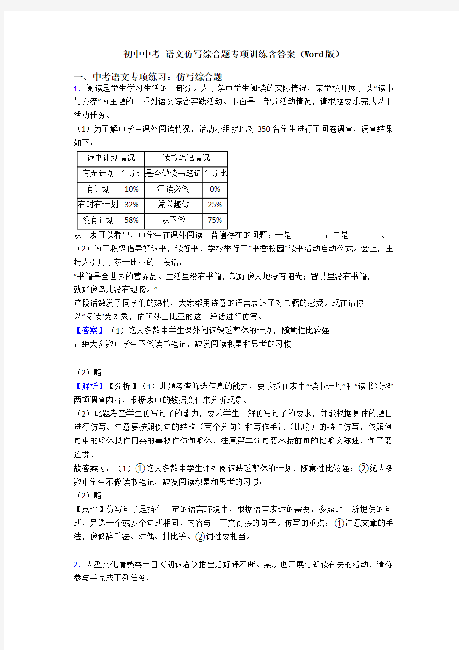 初中中考 语文仿写综合题专项训练含答案(Word版)