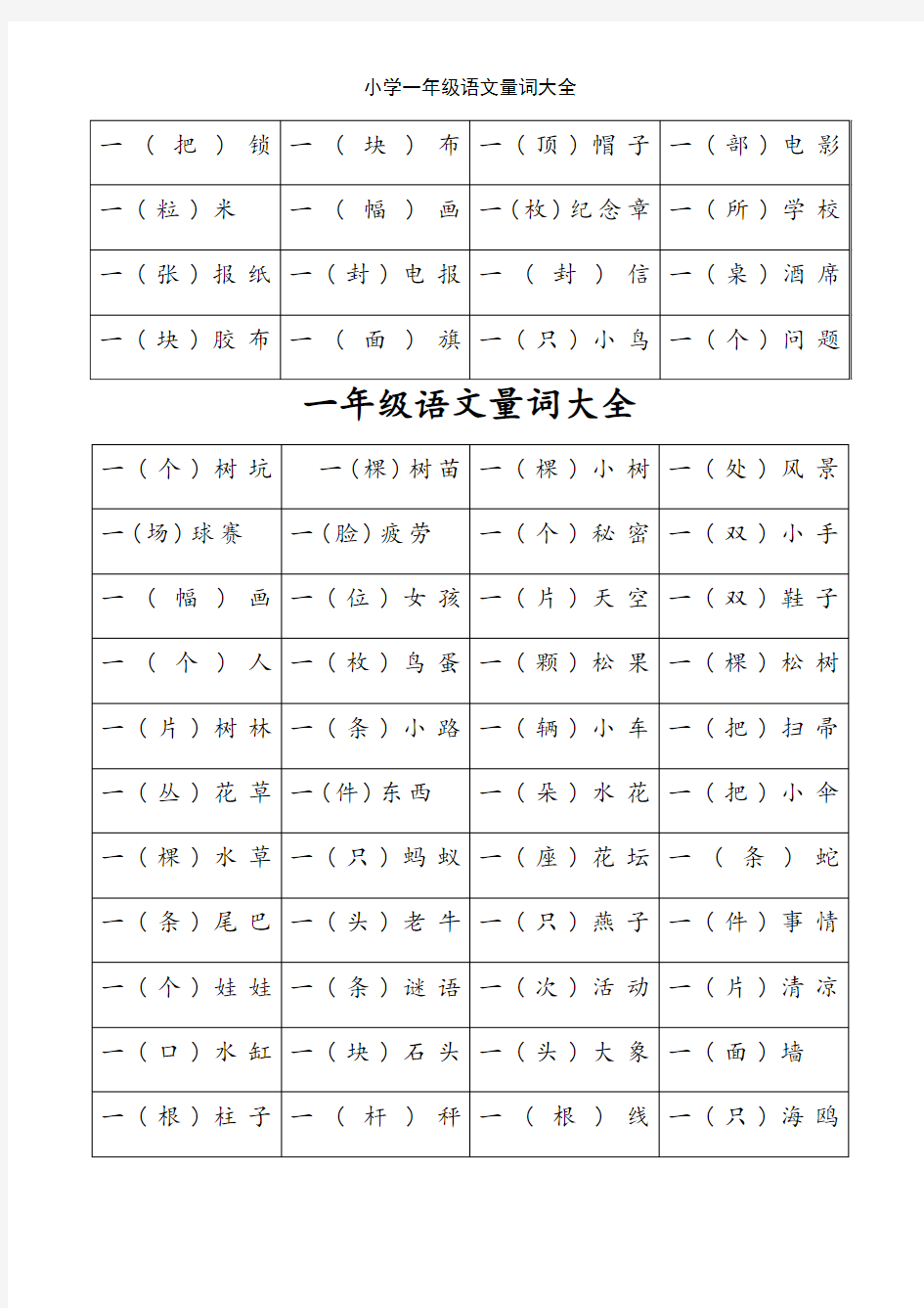 小学一年级语文量词大全