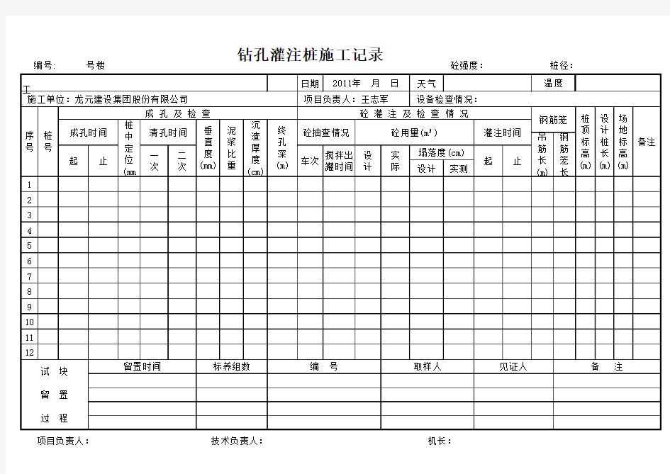 钻孔灌注桩施工记录表完整版.xls