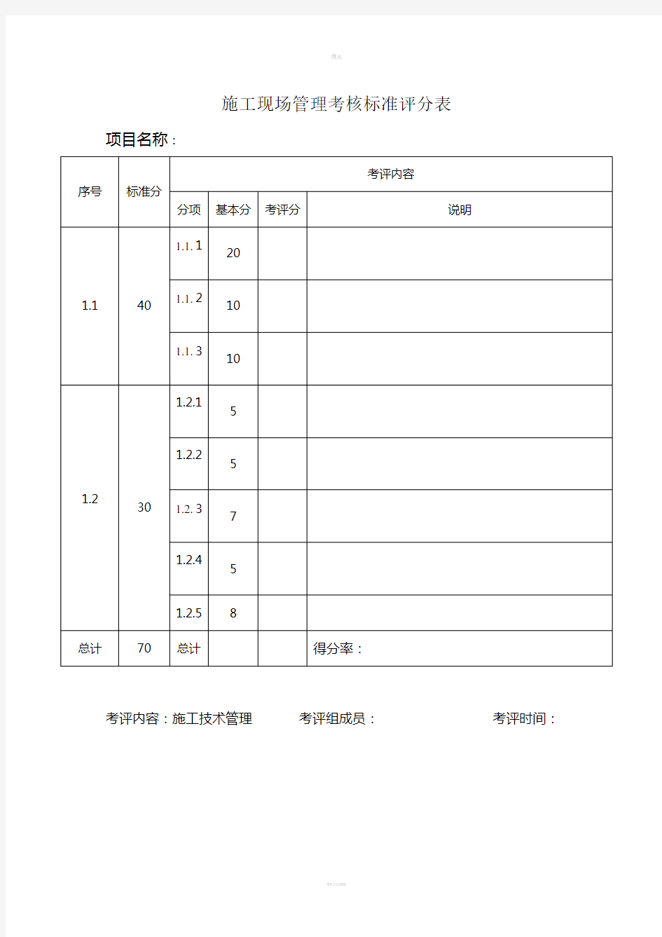 现场考核评分表