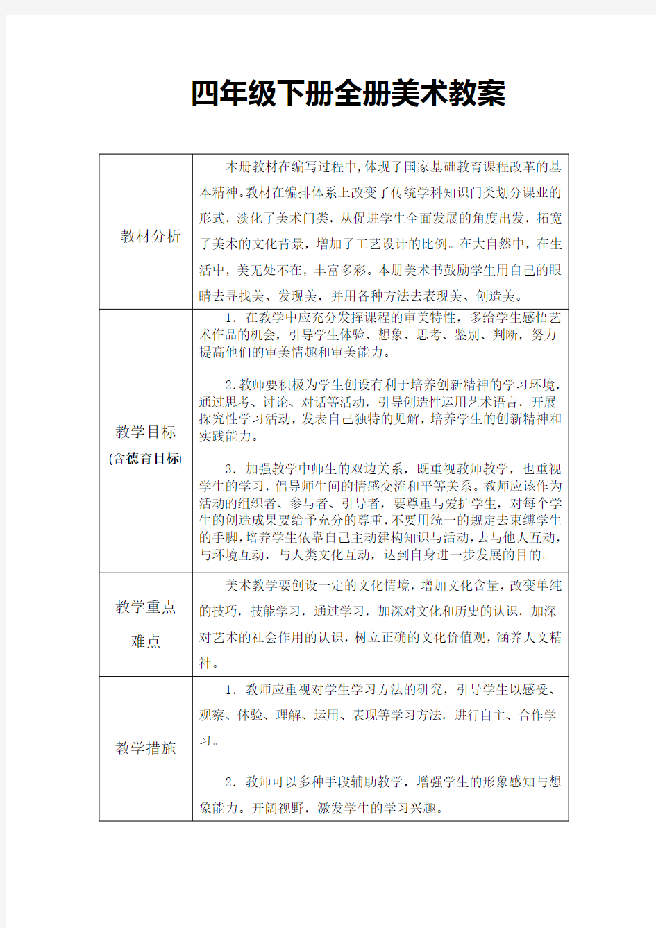 苏教版四年级下册全册美术教案