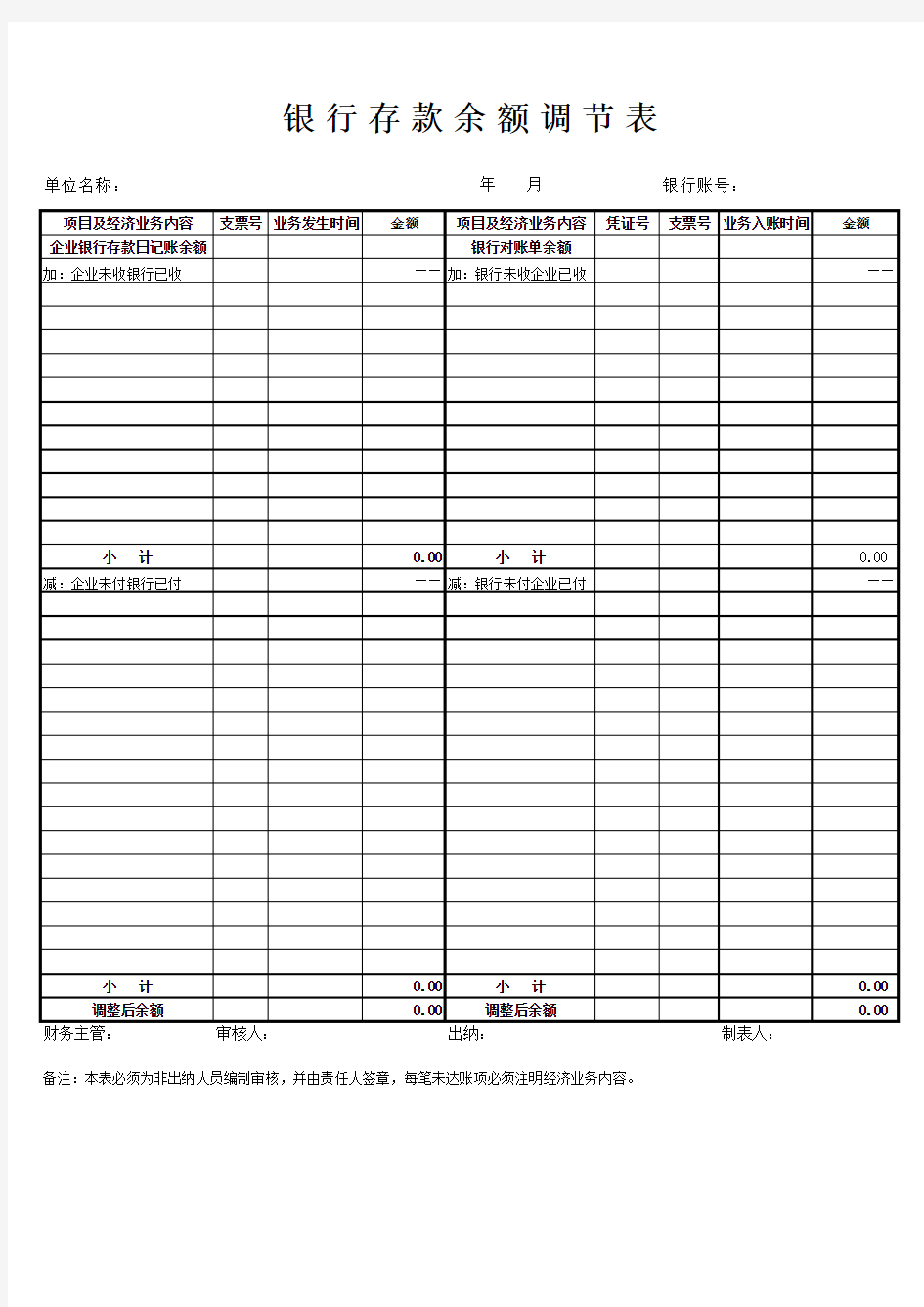 银行存款余额调节表格excel模版下载