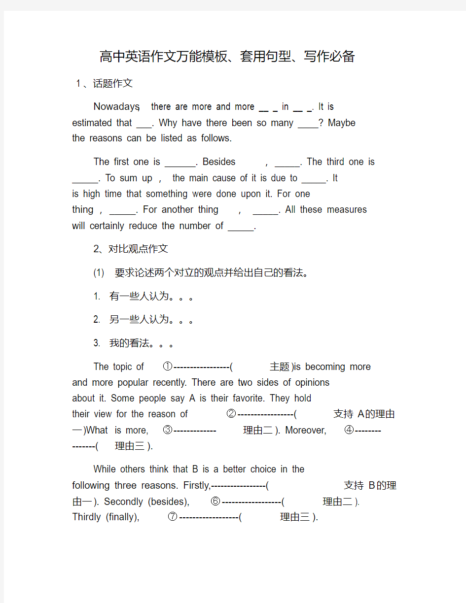 高中英语作文万能模板、套用句型、写作必备