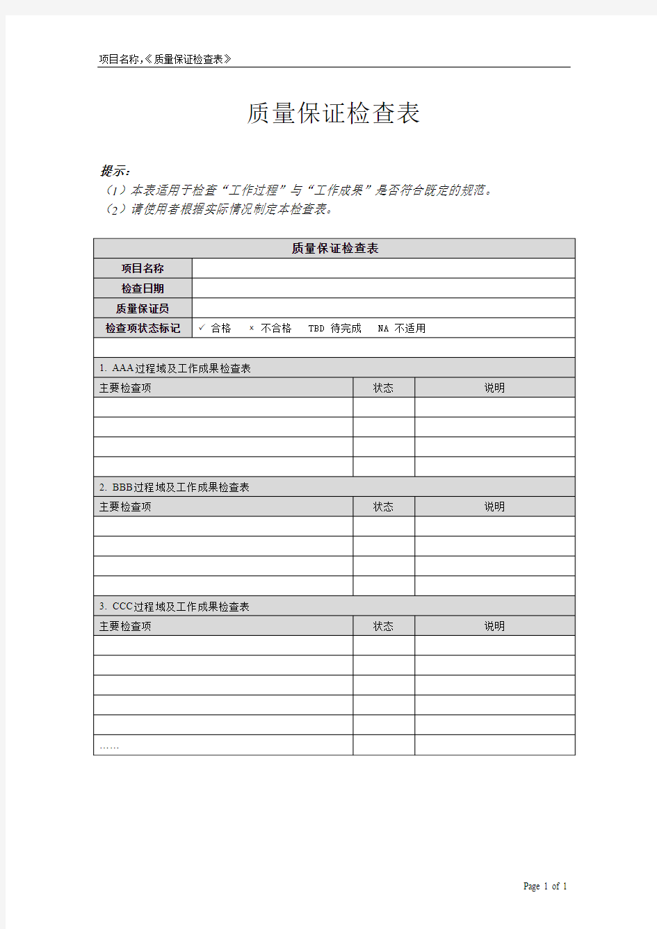 质量保证检查表