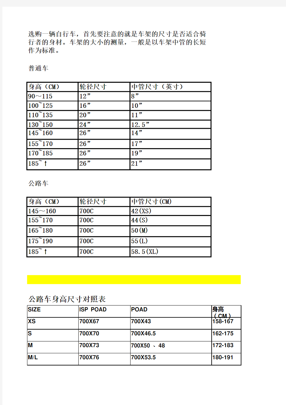 身高对应自行车车架尺寸