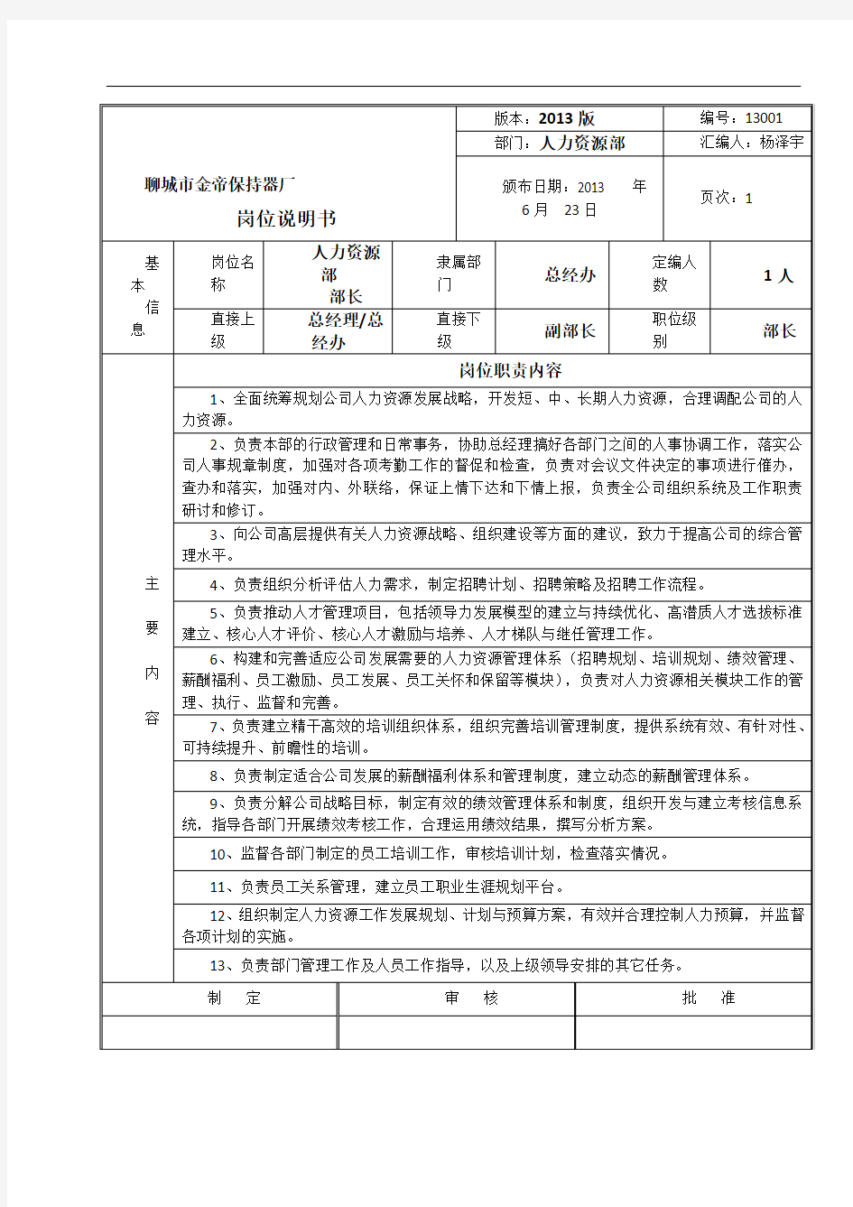 人力资源部岗位职责说明书