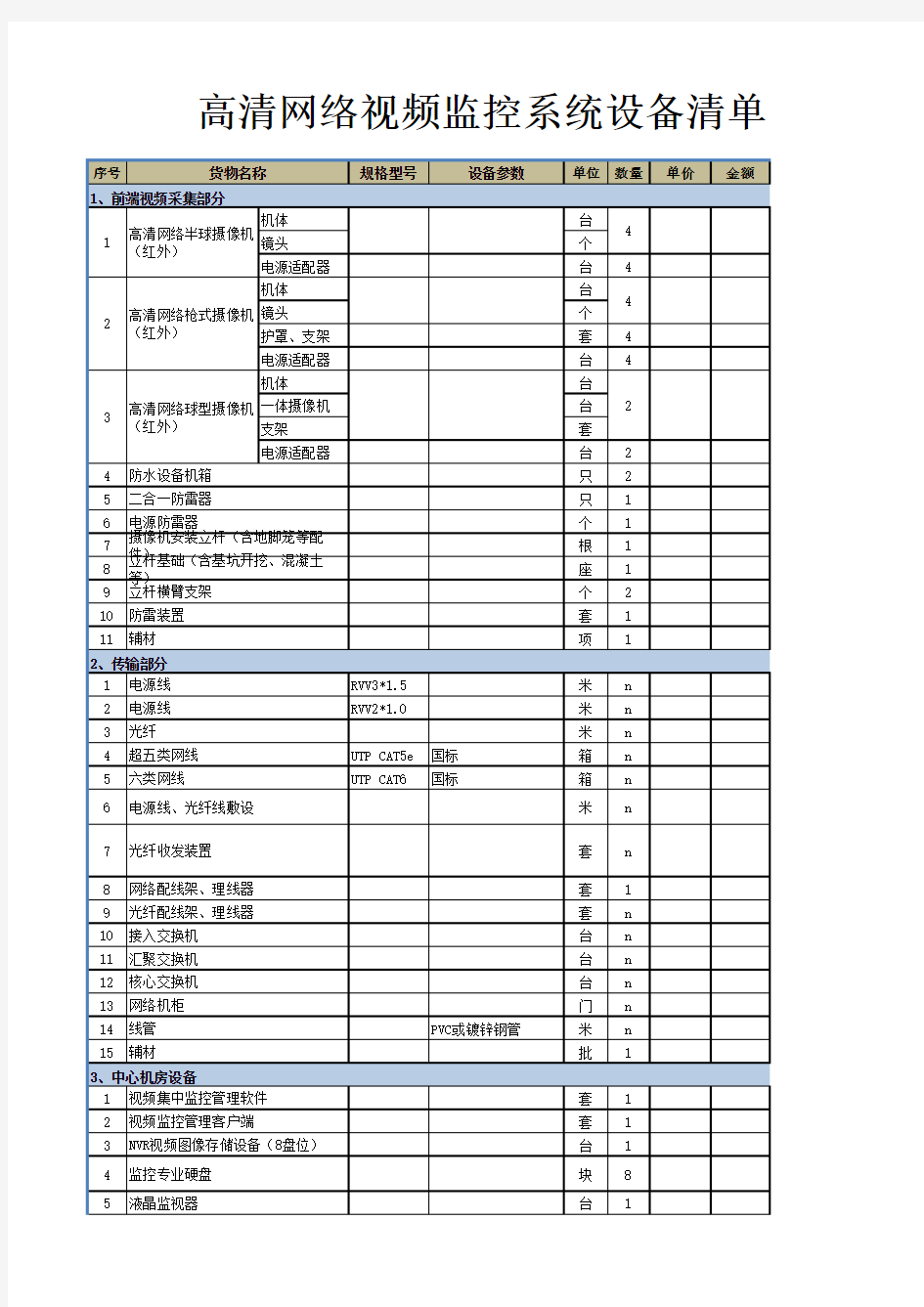 高清视频监控系统设备清单 例配