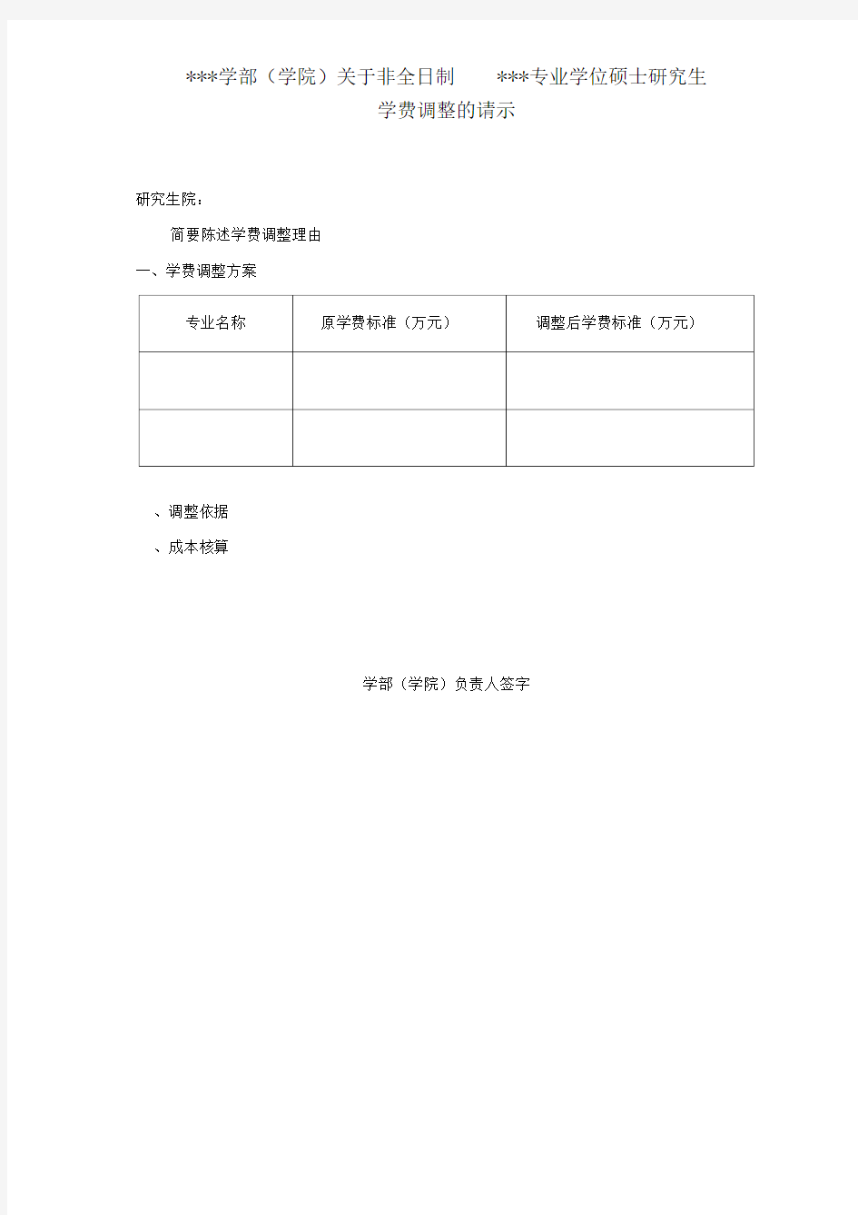 非全日制专业学位硕士研究生学费调整的请示(模板)