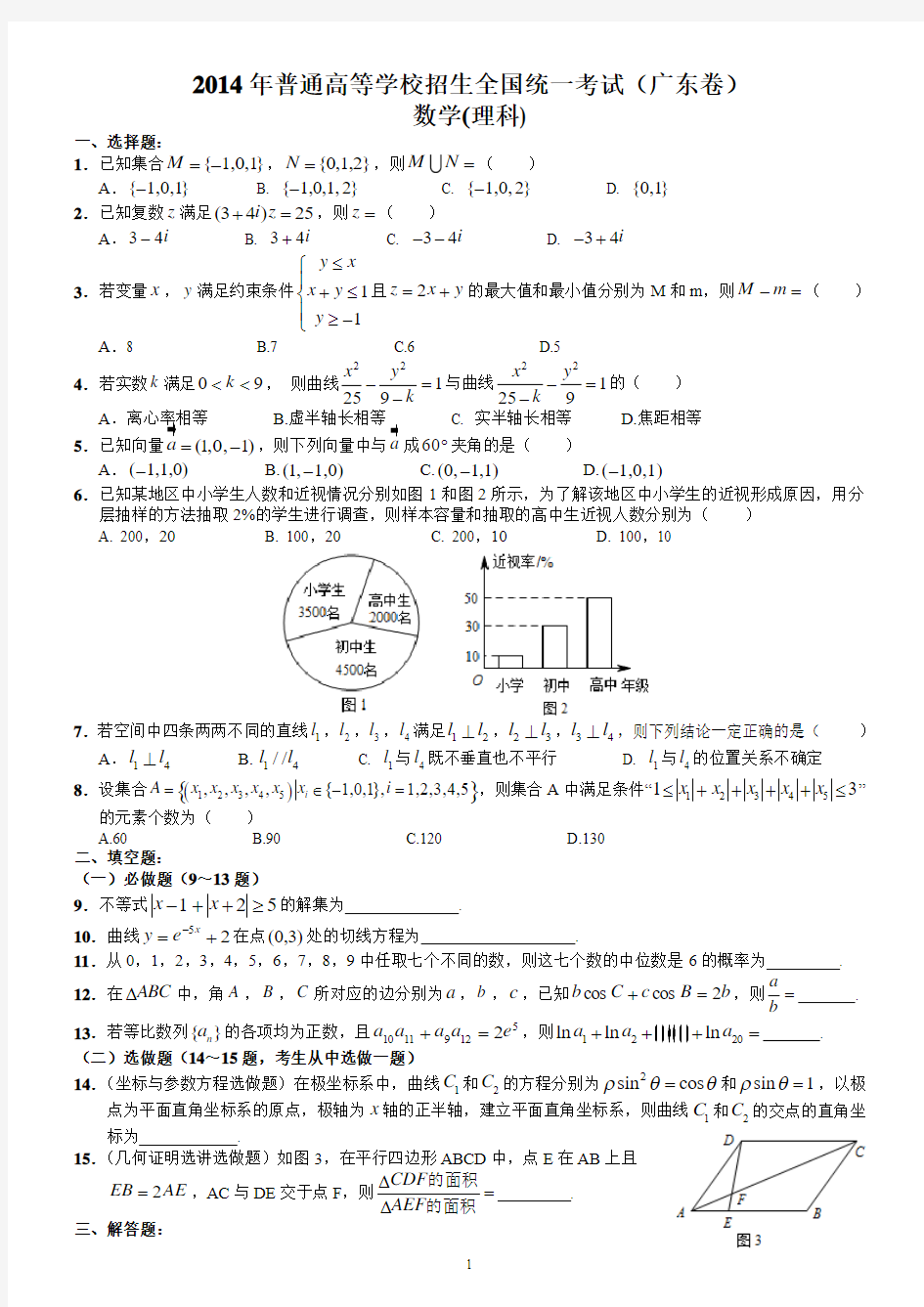 2014广东高考(理数)【含答案--全WORD--精心排版】