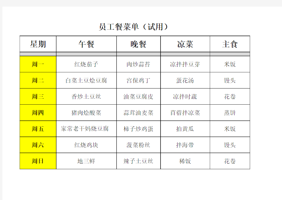 员工餐菜单