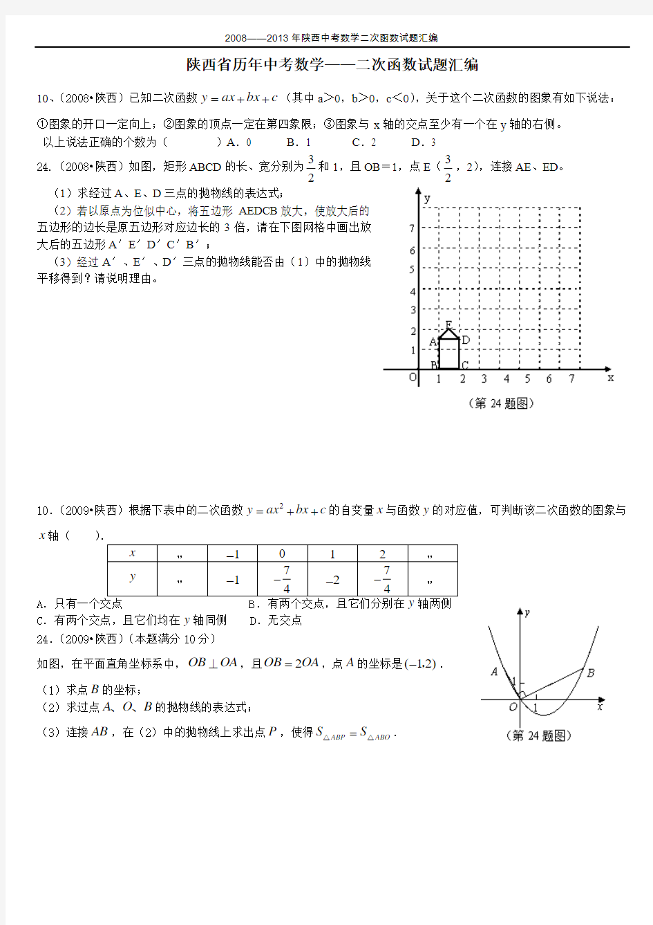 陕西省历年中考数学——二次函数试题汇编