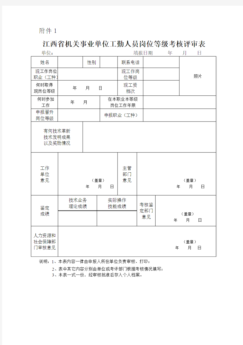 江西省机关事业单位工勤人员岗位等级考核评审表