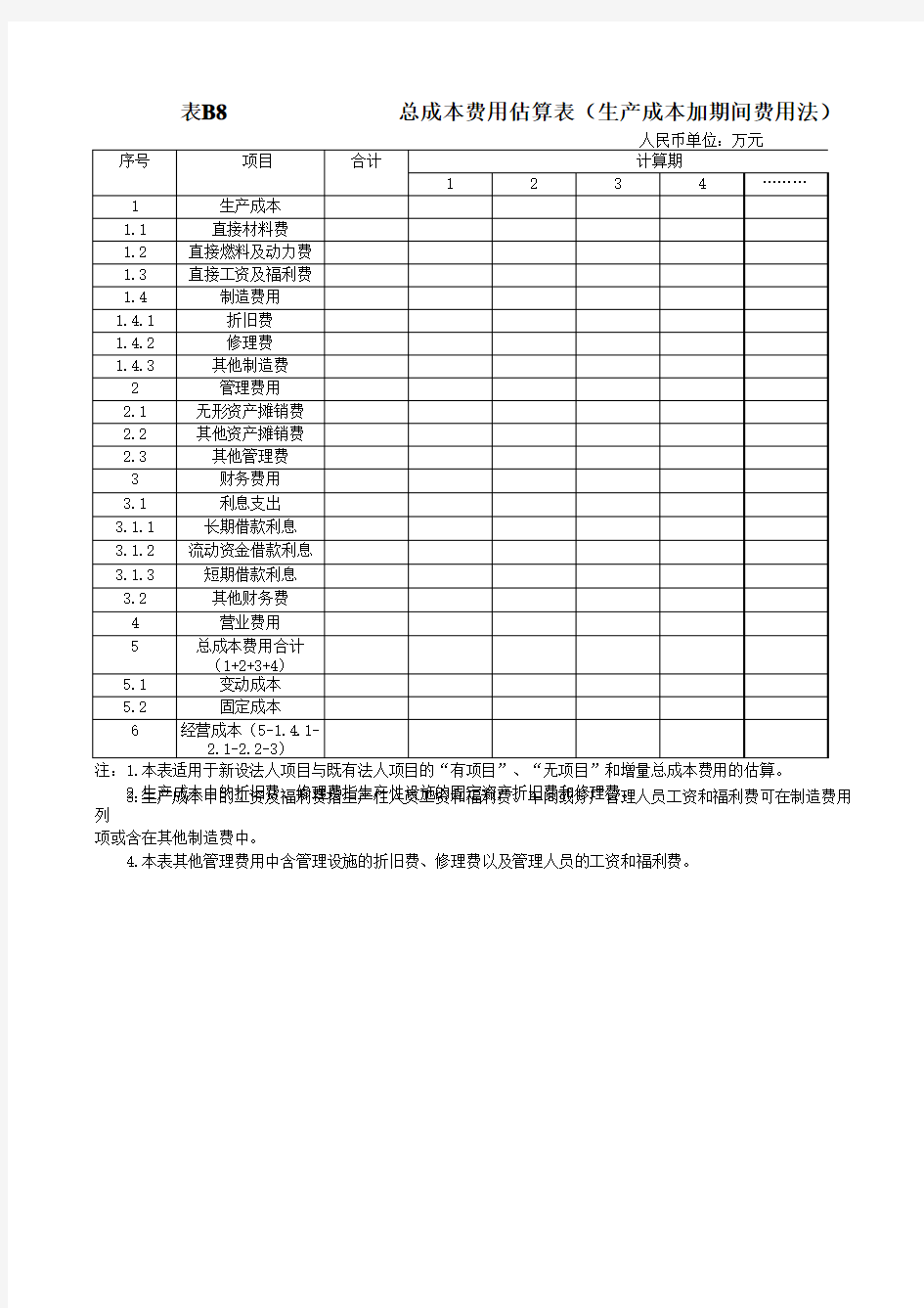 项目经济评价表格