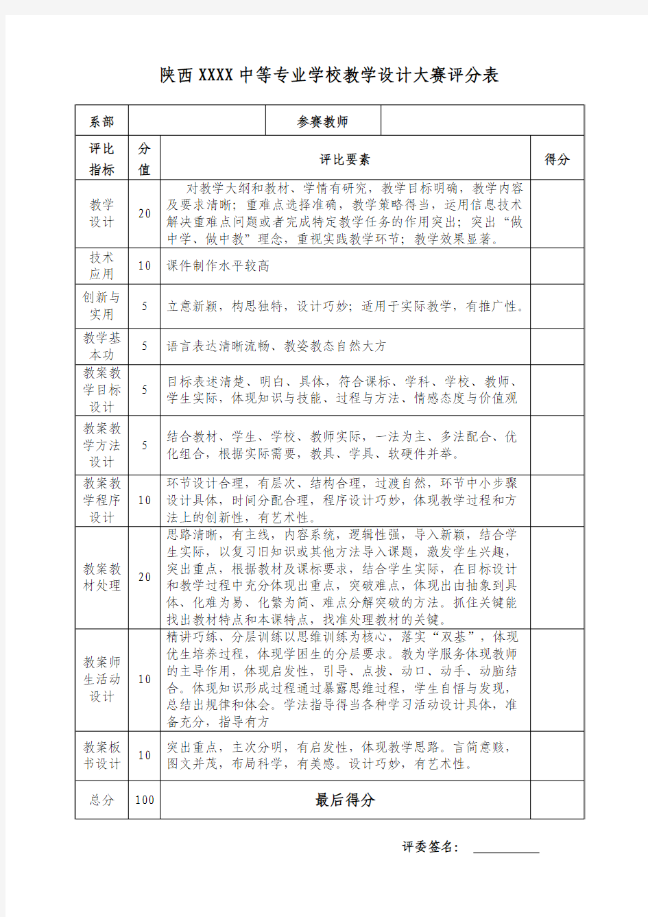 教学设计大赛评分表