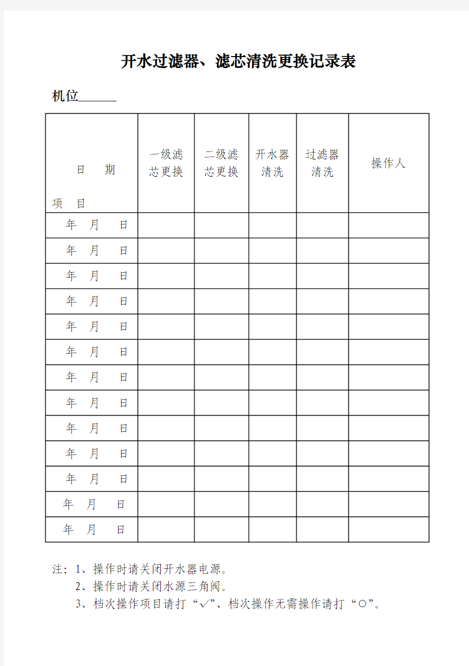 开水过滤器、滤芯清洗更换记录表