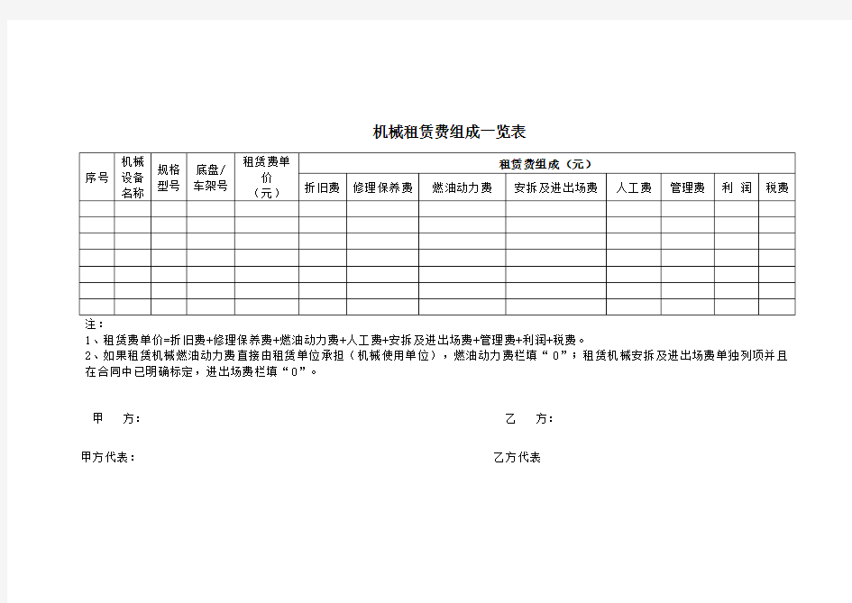 机械租赁费组成一览表