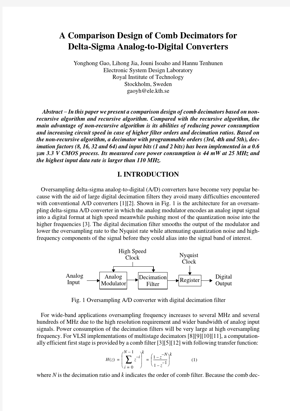 A Comparison Design of Comb Decimators for Delta-Sigma Analog-to-Digital Converters