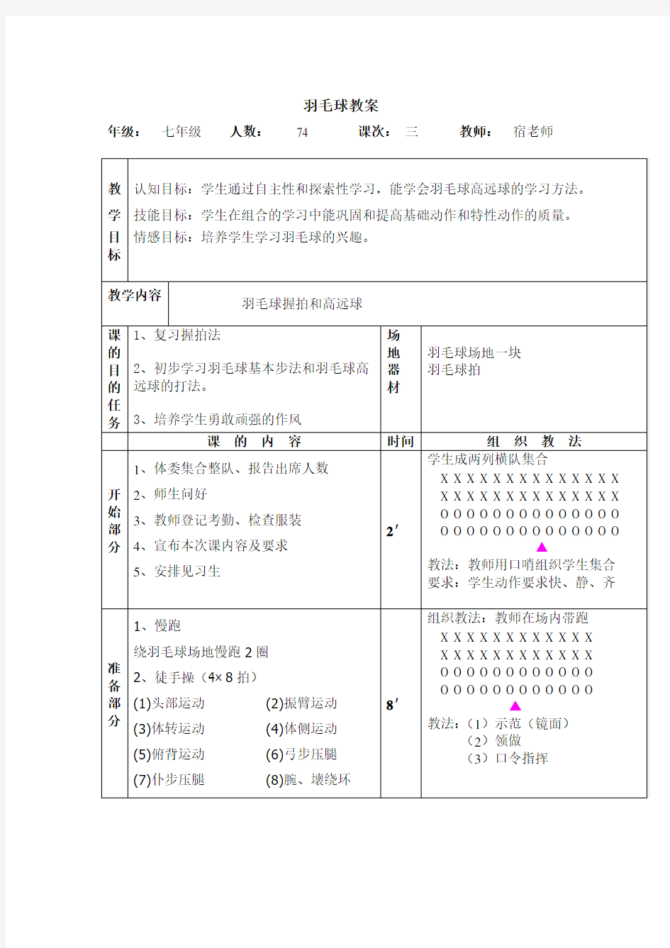 初中羽毛球课教案