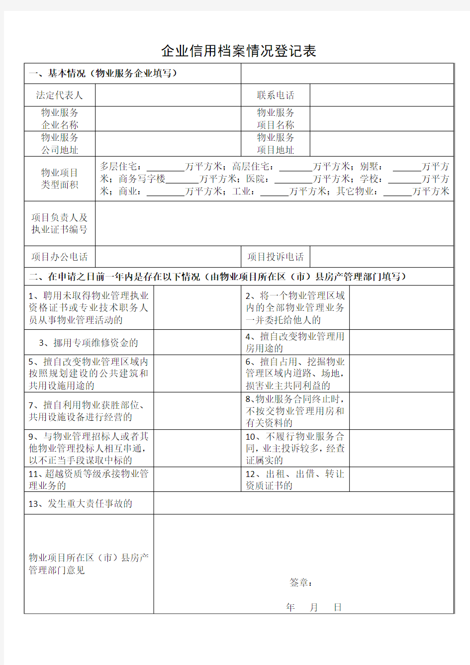 企业信用档案情况登记表