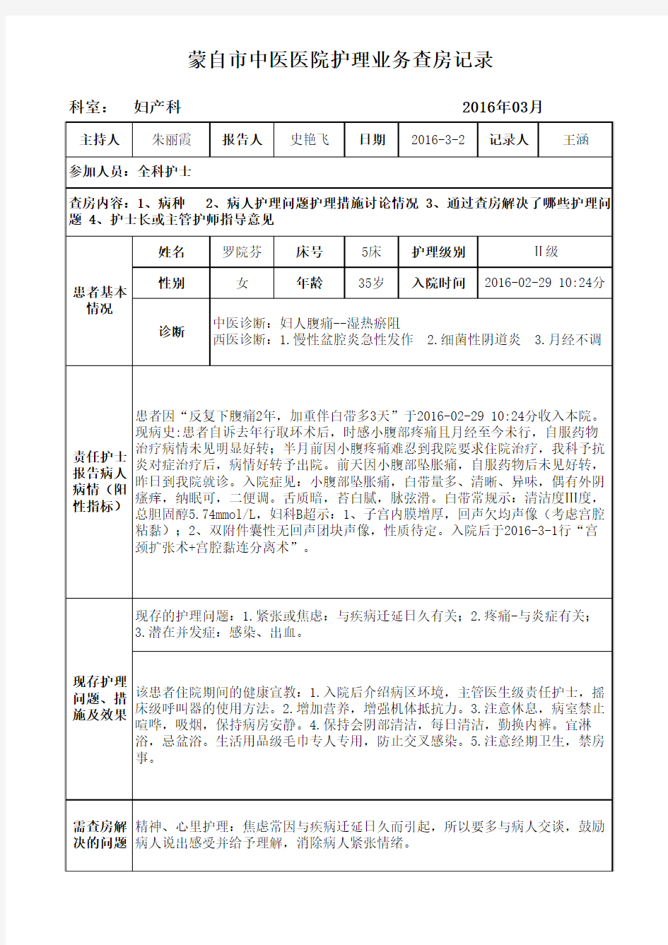 中医医院妇产科护理业务查房记录表