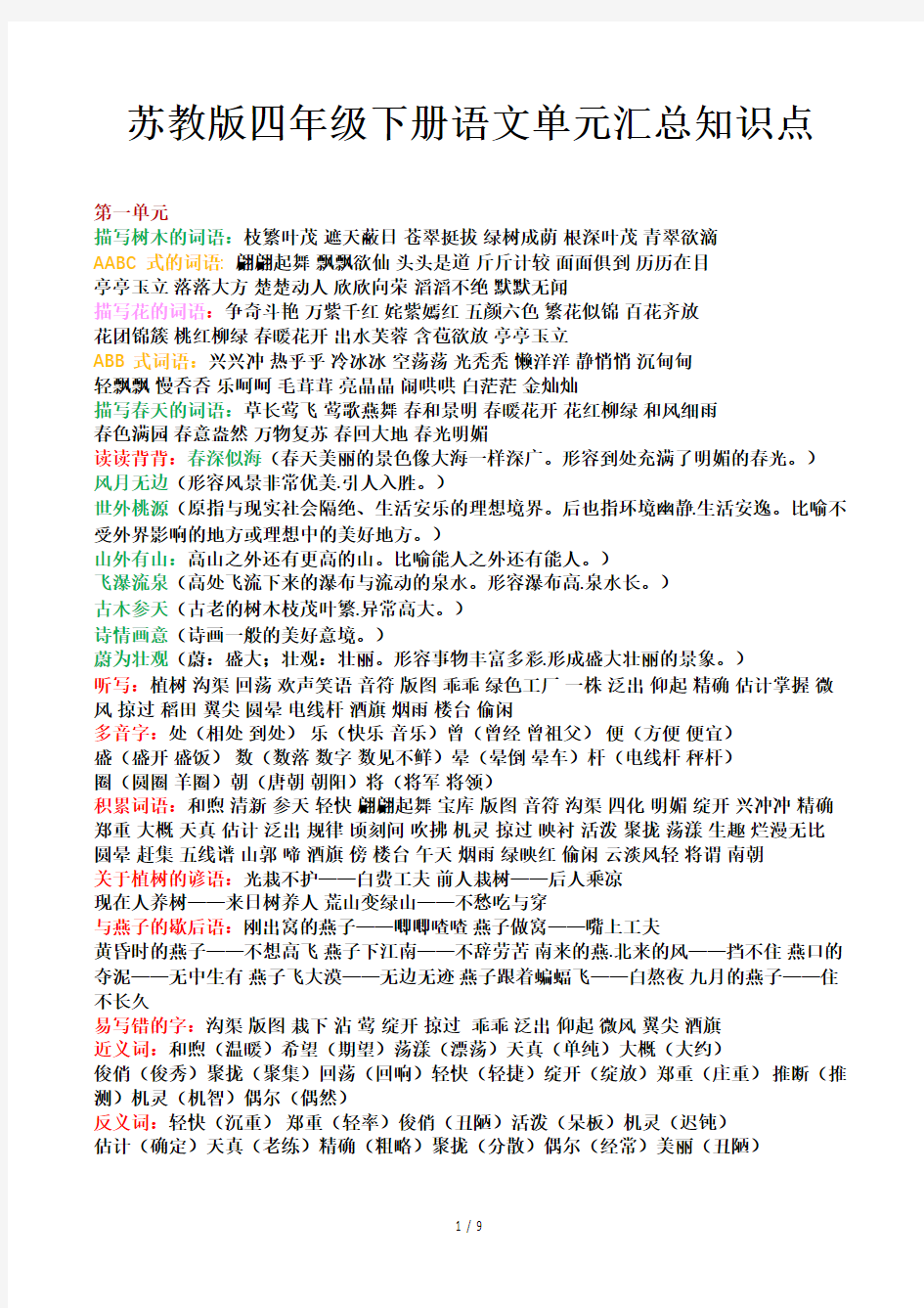 苏教版四年级下册语文单元汇总知识点