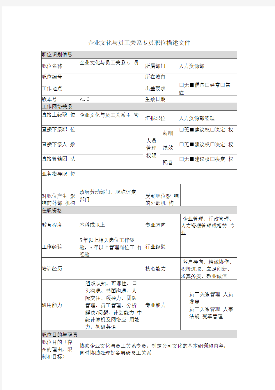 企业文化与员工关系专员岗位说明书