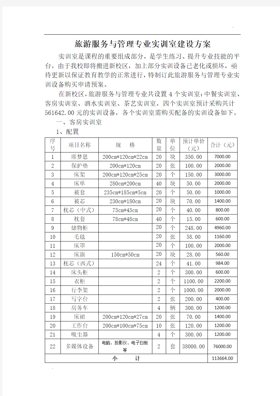 关于旅游服务与管理专业实训室建设方案