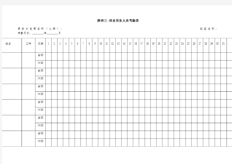 项目劳务人员考勤表