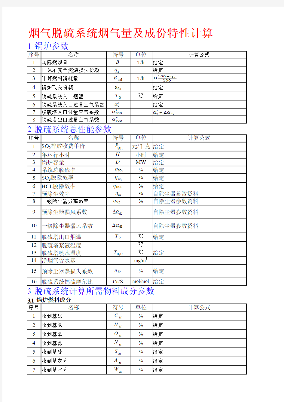 烟气脱硫系统烟气量及成份特性计算