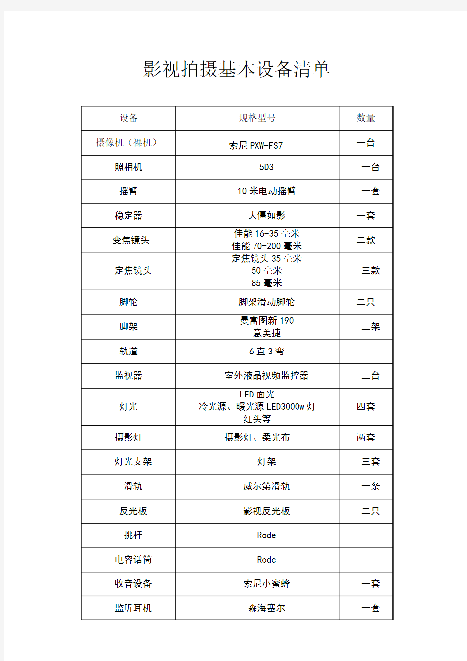 影视拍摄基本设备清单