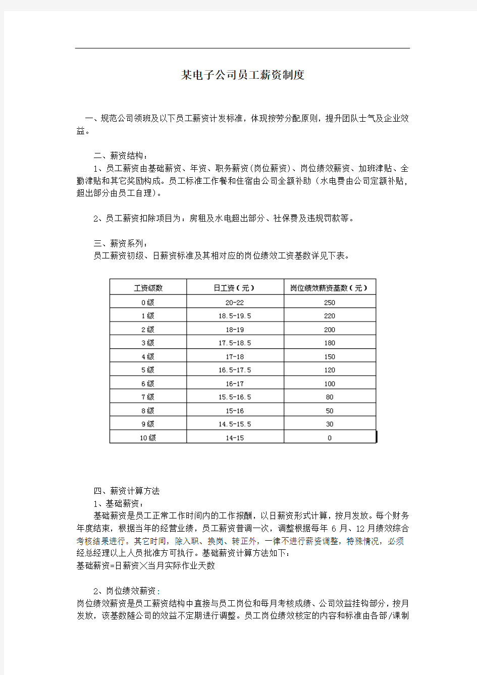 某电子公司员工薪资制度