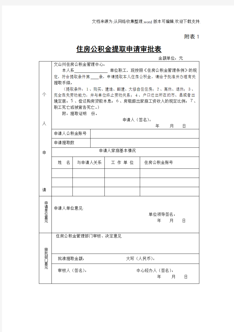 住房公积金提取申请审批表