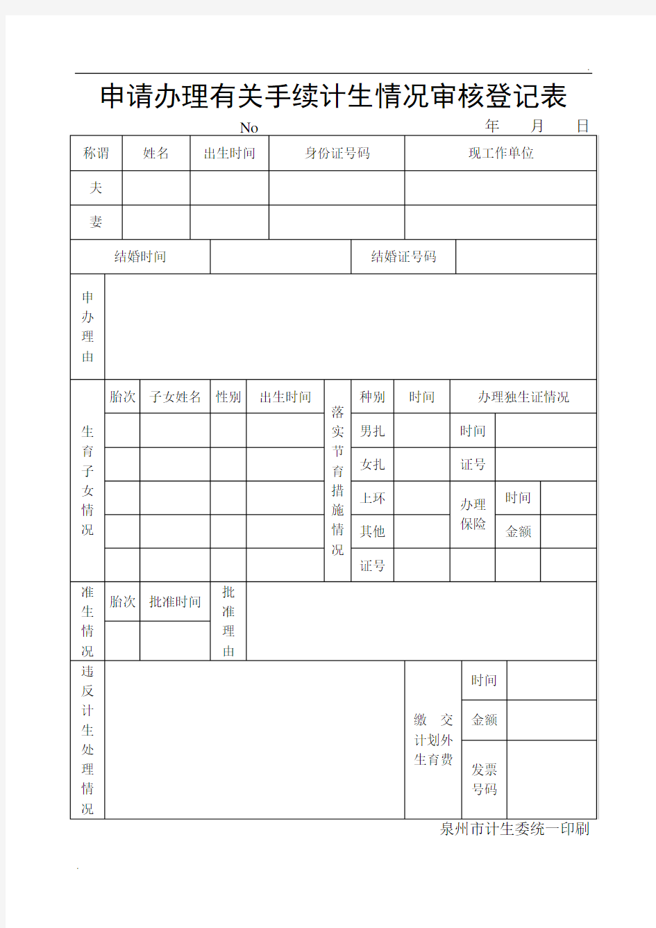 申请办理有关手续计生情况审核登记表 (1)