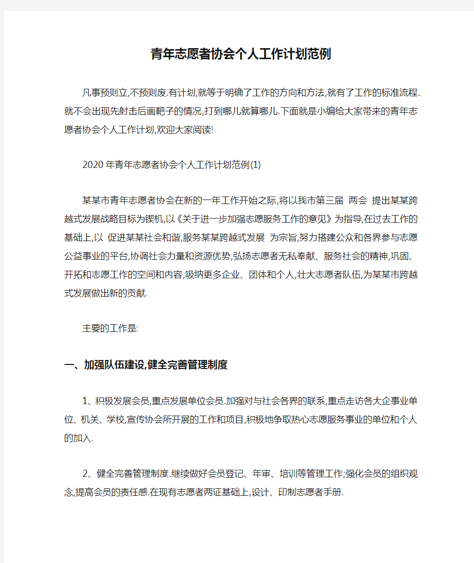 青年志愿者协会个人工作计划范例