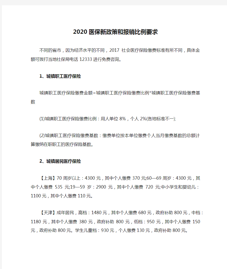 2020医保新政策和报销比例要求