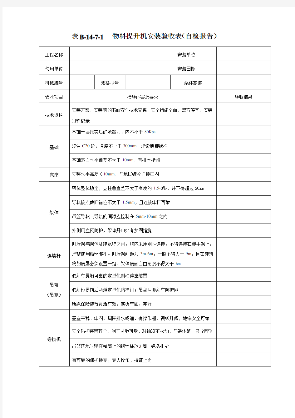 物料提升机安装验收表(自检报告)