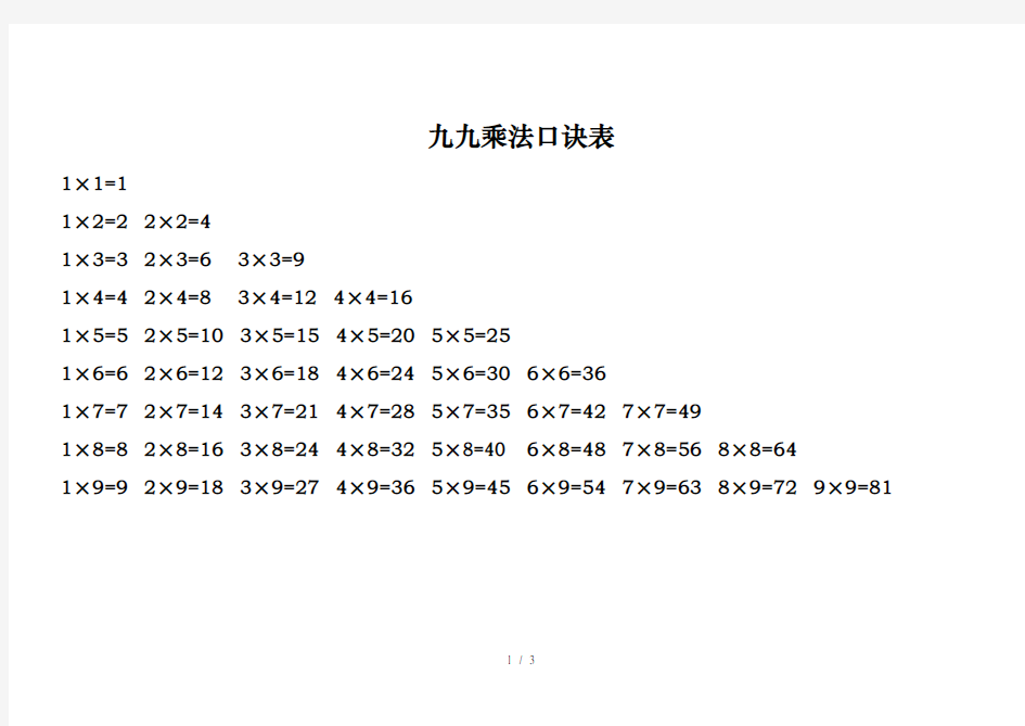 乘法口诀表(word打印版)