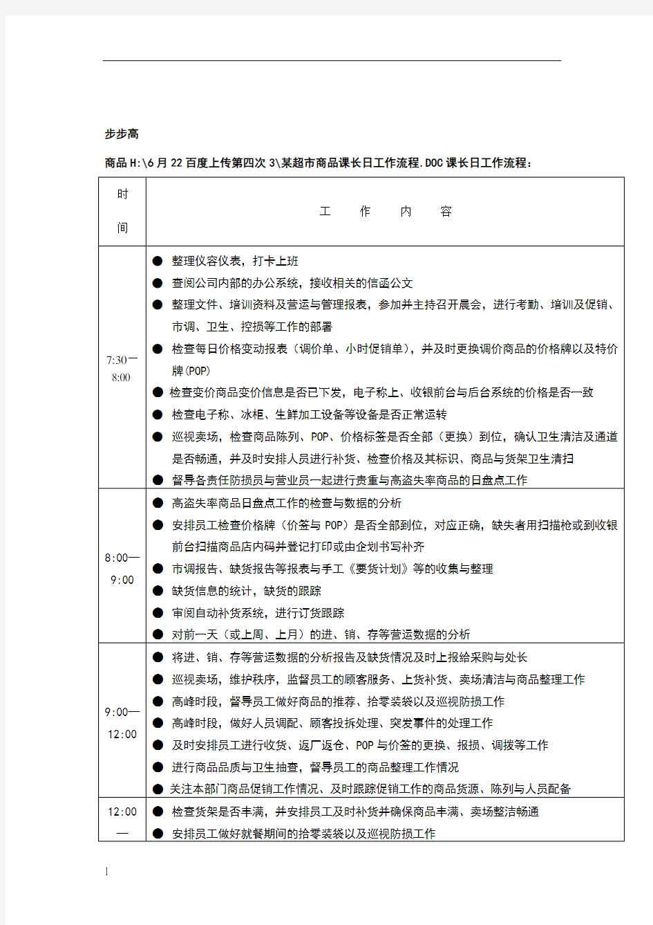 某超市商品课长日工作流程