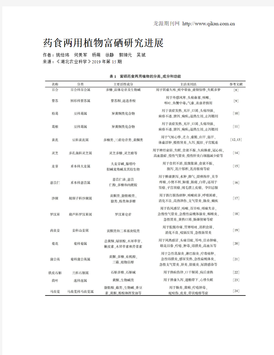 药食两用植物富硒研究进展