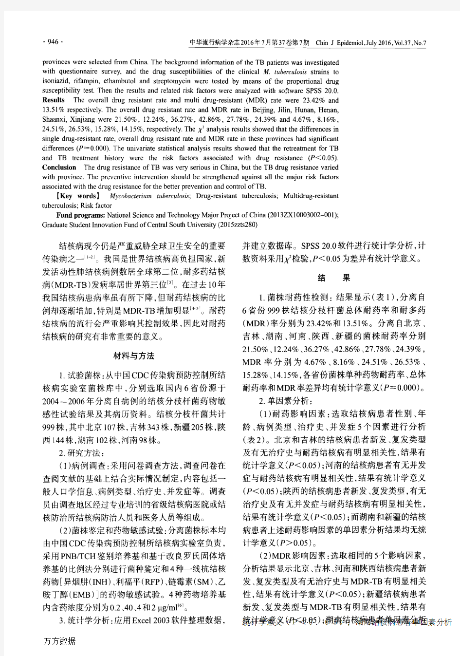 中国6个省份结核分枝杆菌耐药状况及影响因素分析论文