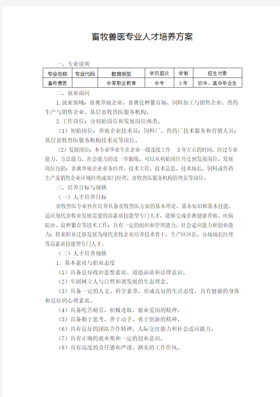 畜牧兽医专业人才培养方案职中版