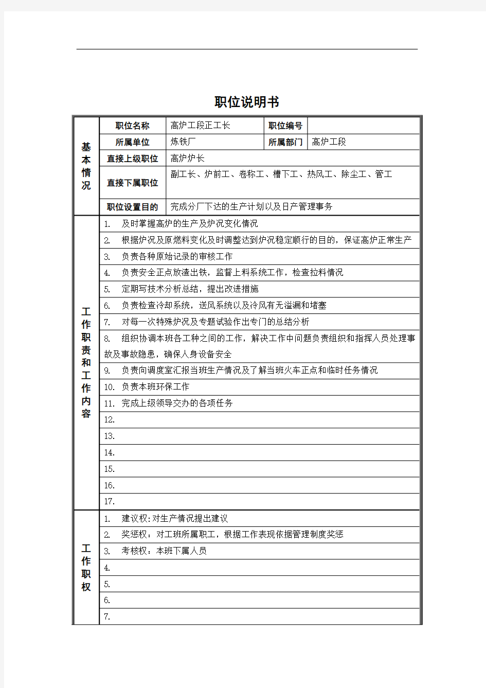 炼铁厂高炉工段正工长岗位职责(3页)