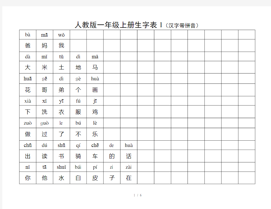 人教版一年级上册生字表1(汉字带拼音)