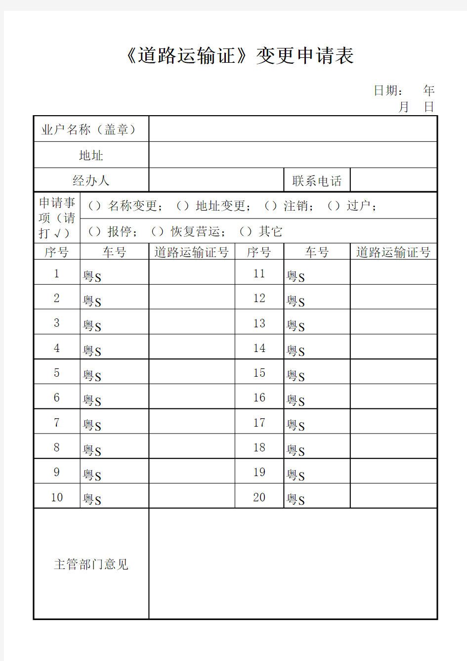 《道路运输证》变更申请表