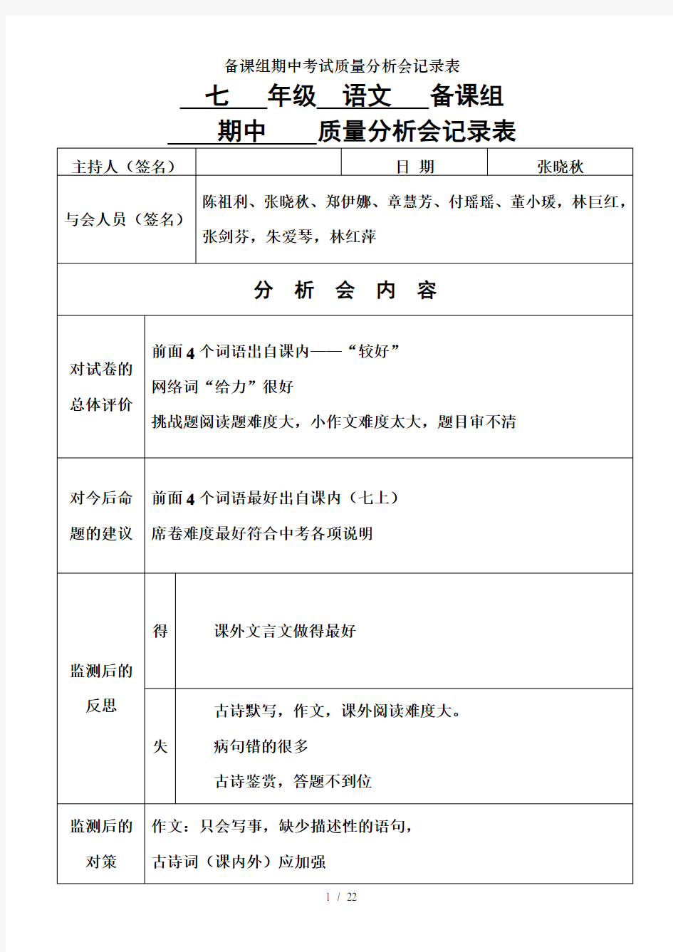 备课组期中考试质量分析会记录表