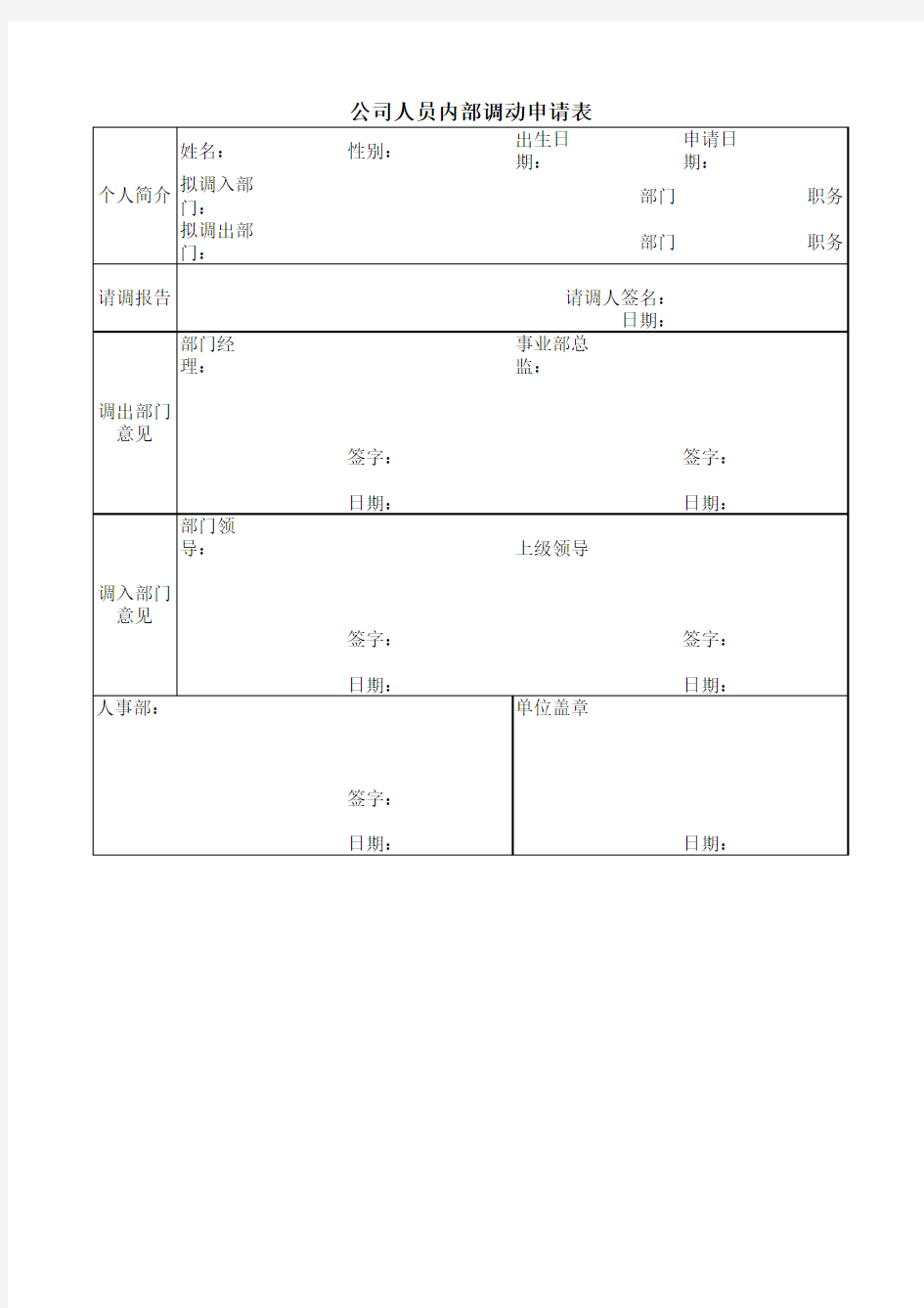 公司人员内部调动申请表