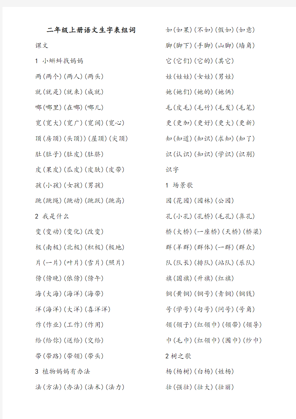 语文二年级上册生字表