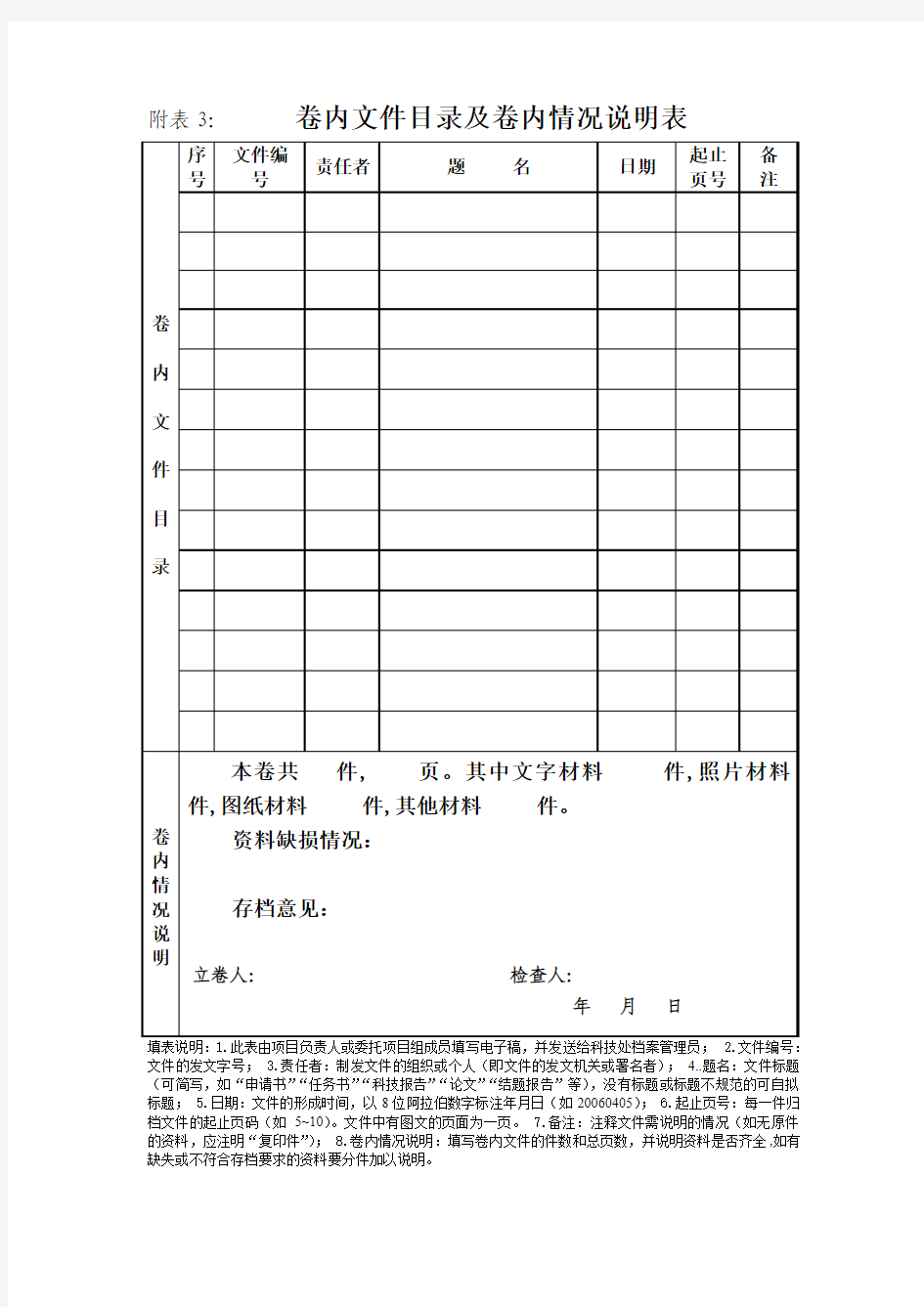 卷内文件目录及卷内情况说明表