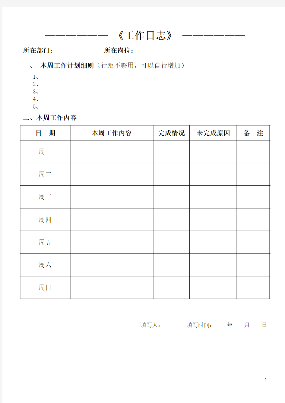 周工作日志模板