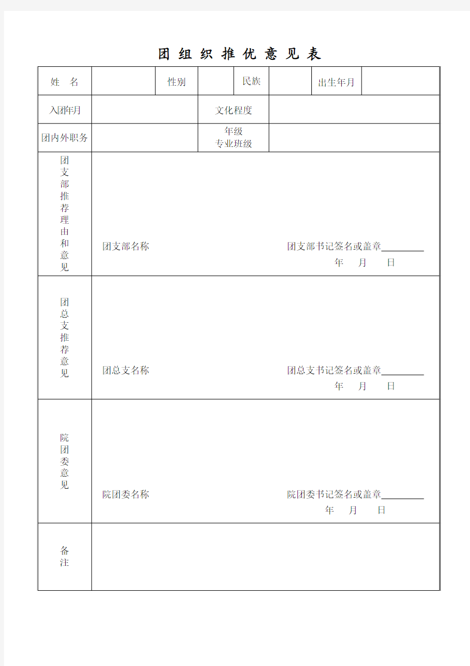 入党材料-团组织推优表